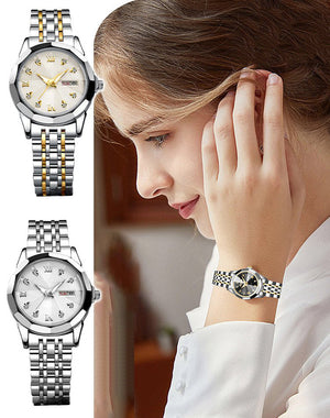 Montre pour femme à double calendrier avec fermoir papillon et bracelet en acier Night Glow